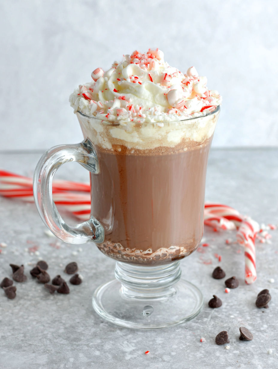 A glass of hot chocolate with candy canes on the side.