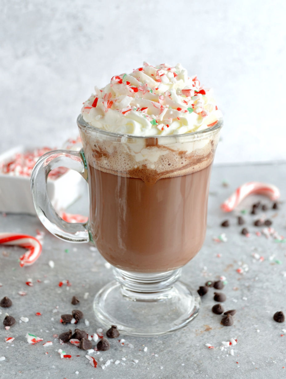A glass of hot chocolate with whipped cream and a sprinkle of peppermint.
