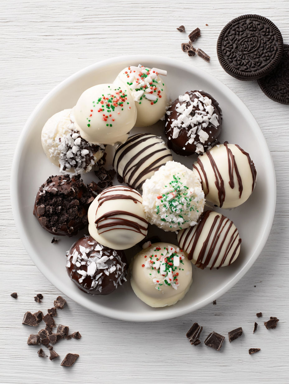 A plate of Christmas Oreo Truffles.