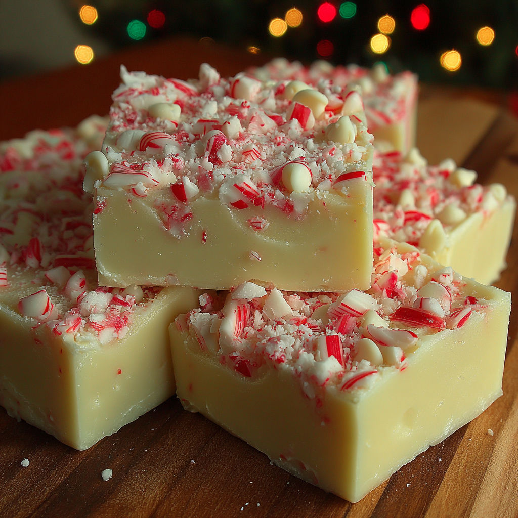 A stack of white chocolate peppermint fudge.