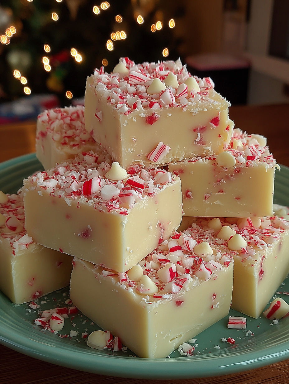 A stack of white chocolate peppermint fudge squares.