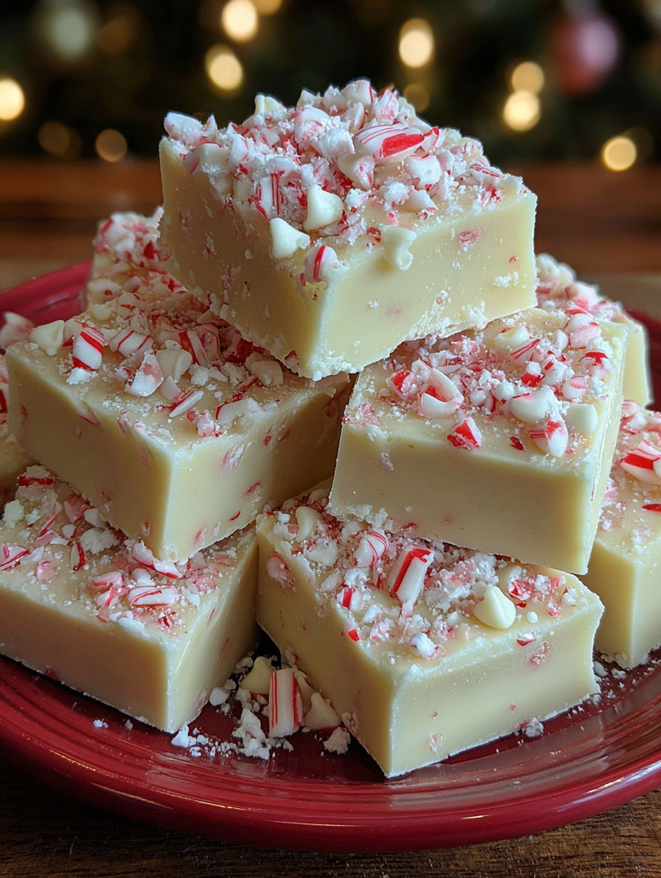 A stack of white chocolate peppermint fudge squares.