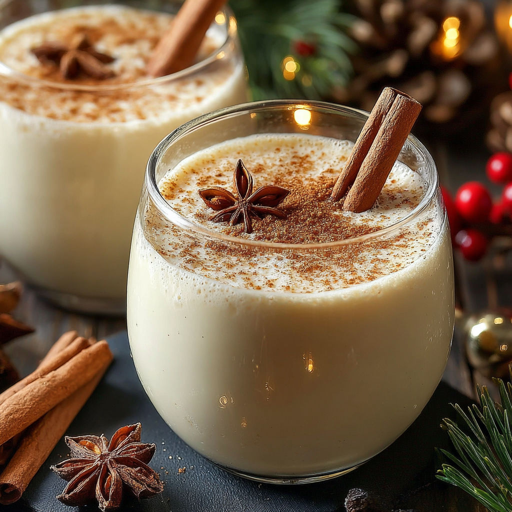 Two glasses of coquito, a creamy coconut rum holiday drink.