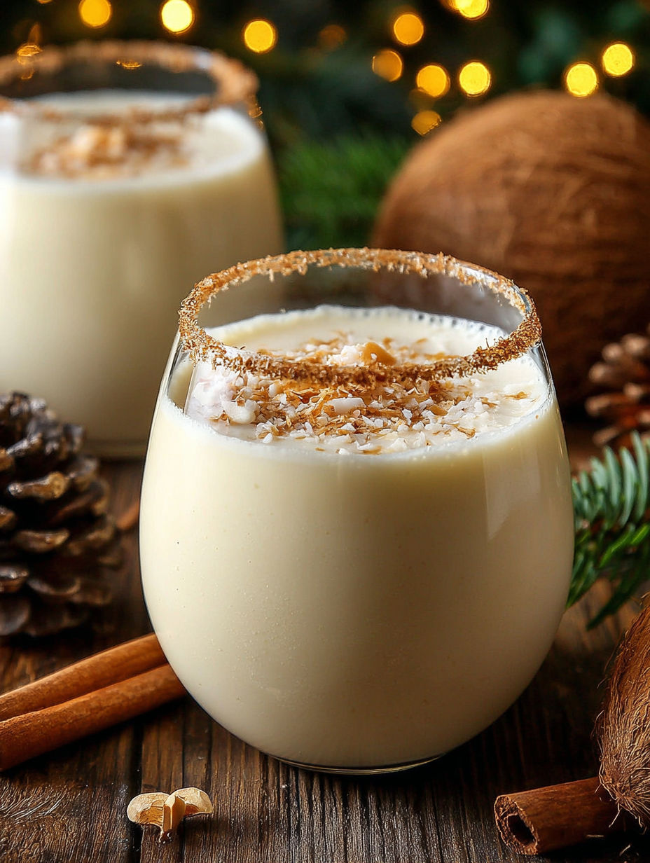 A glass of coquito with a coconut rim.