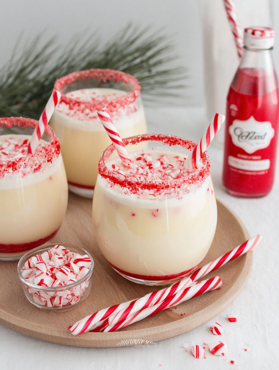 Three glasses of North Pole Cream Soda with red and white stripes.