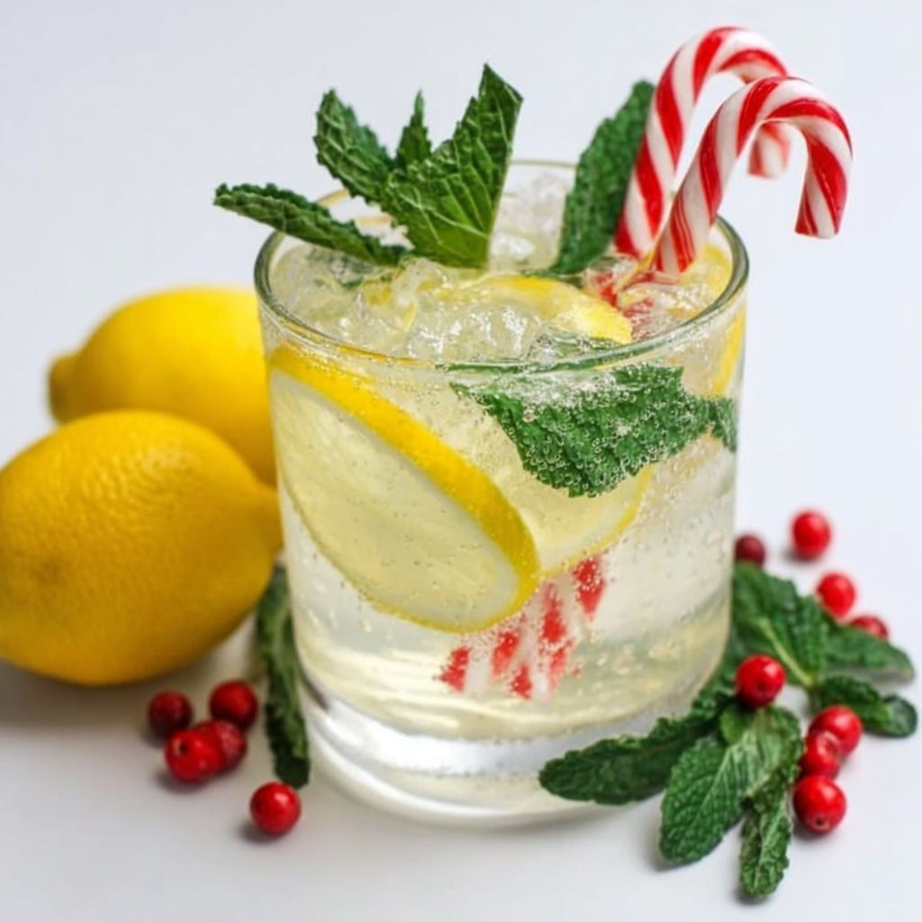 A glass of lemonade with a sprig of mint and a lemon wedge.