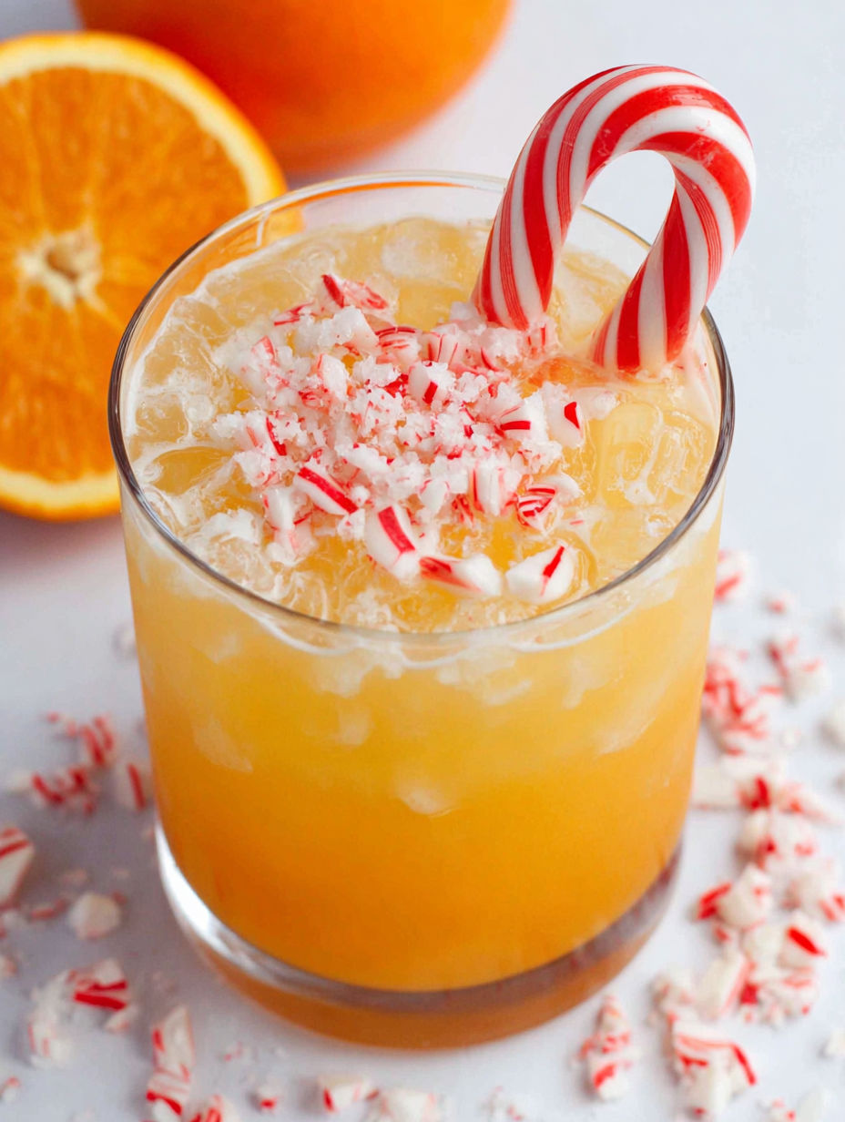 A glass of orange juice with a candy cane stirrer.