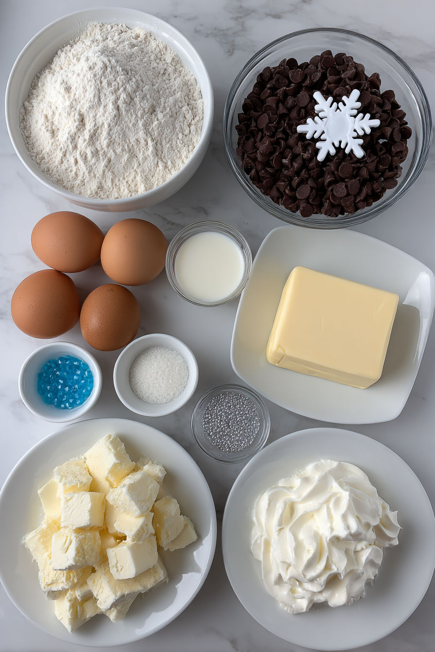 A variety of ingredients for a holiday snowflake cake.