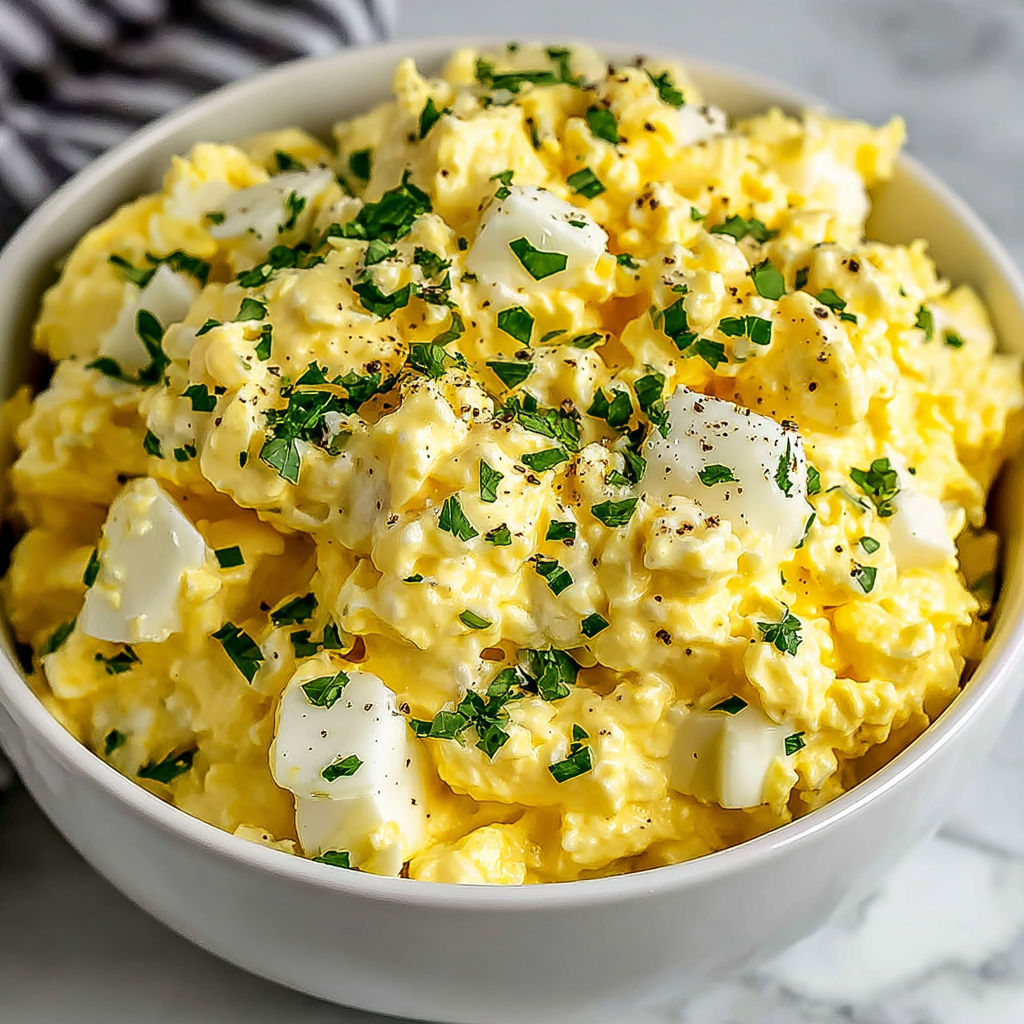A bowl of creamy cottage cheese egg salad.