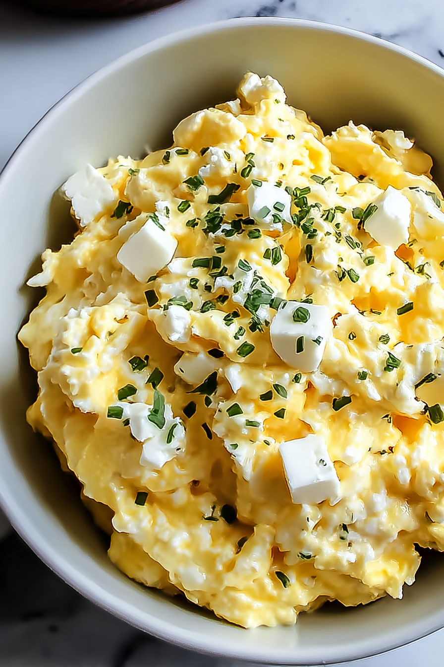 A bowl of creamy cottage cheese egg salad.