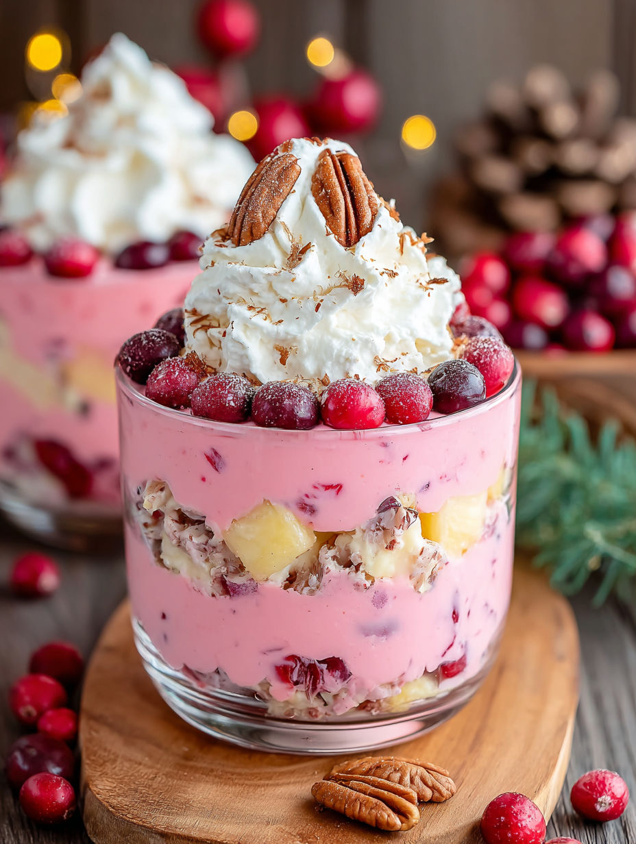 A glass of pink salad with white whipped cream and cranberries.