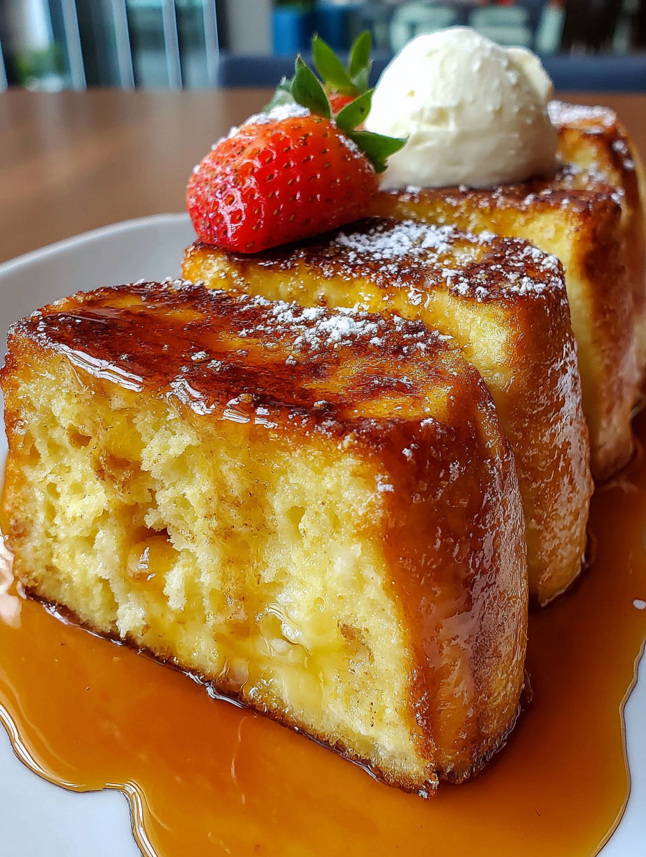 French toast with strawberries and whipped cream.