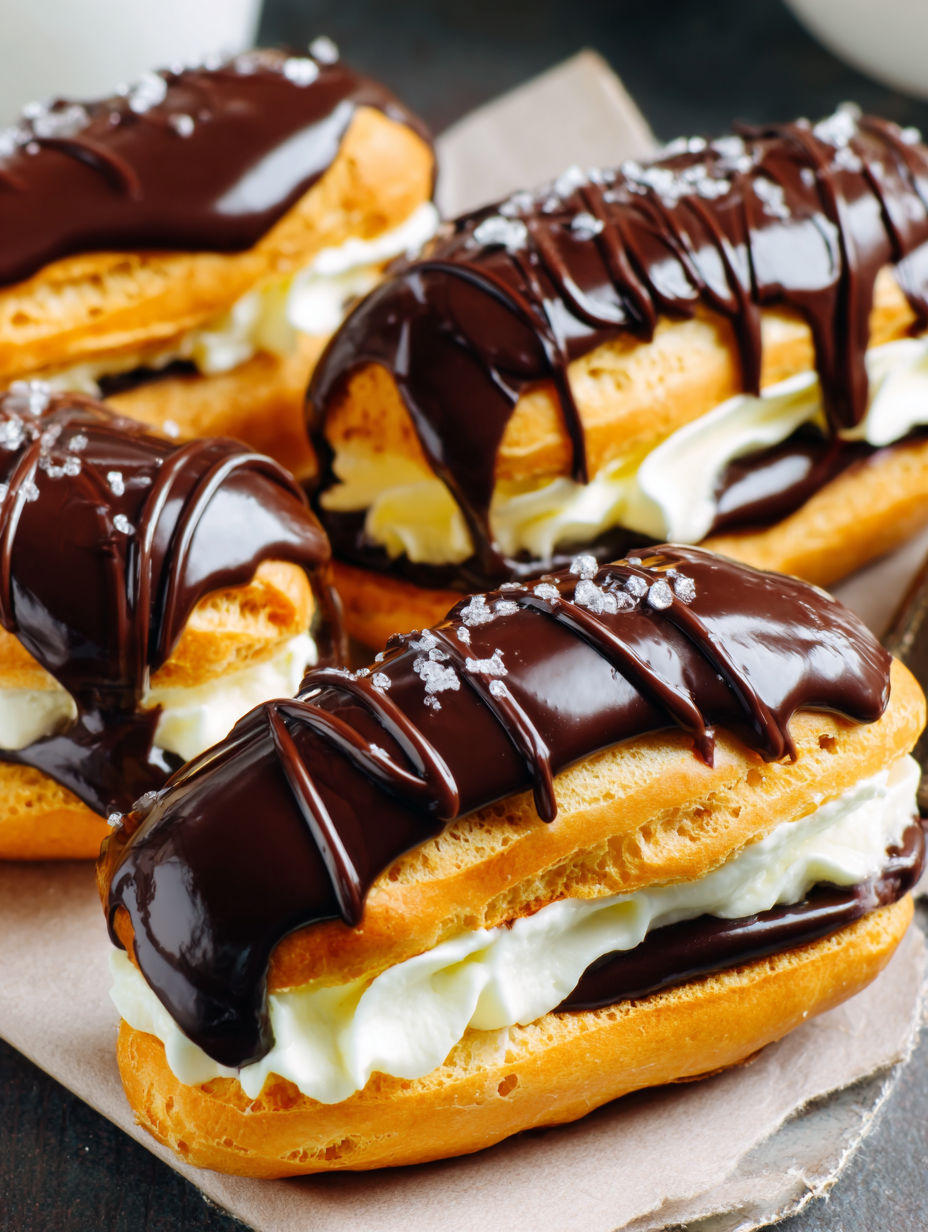 Chocolate éclairs with white frosting and chocolate drizzle.