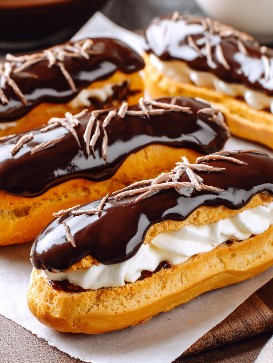 Chocolate éclairs on a table.