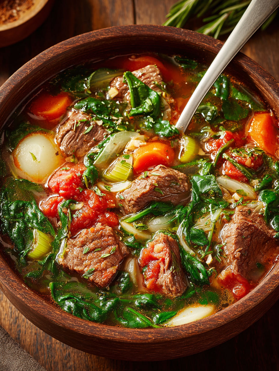 A bowl of beef and spinach soup.