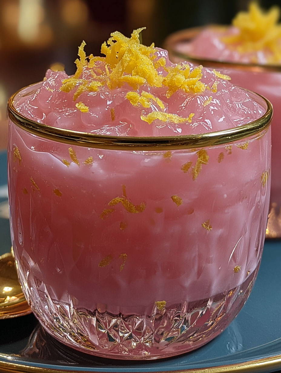 A glass of pink liquid with a yellow topping.