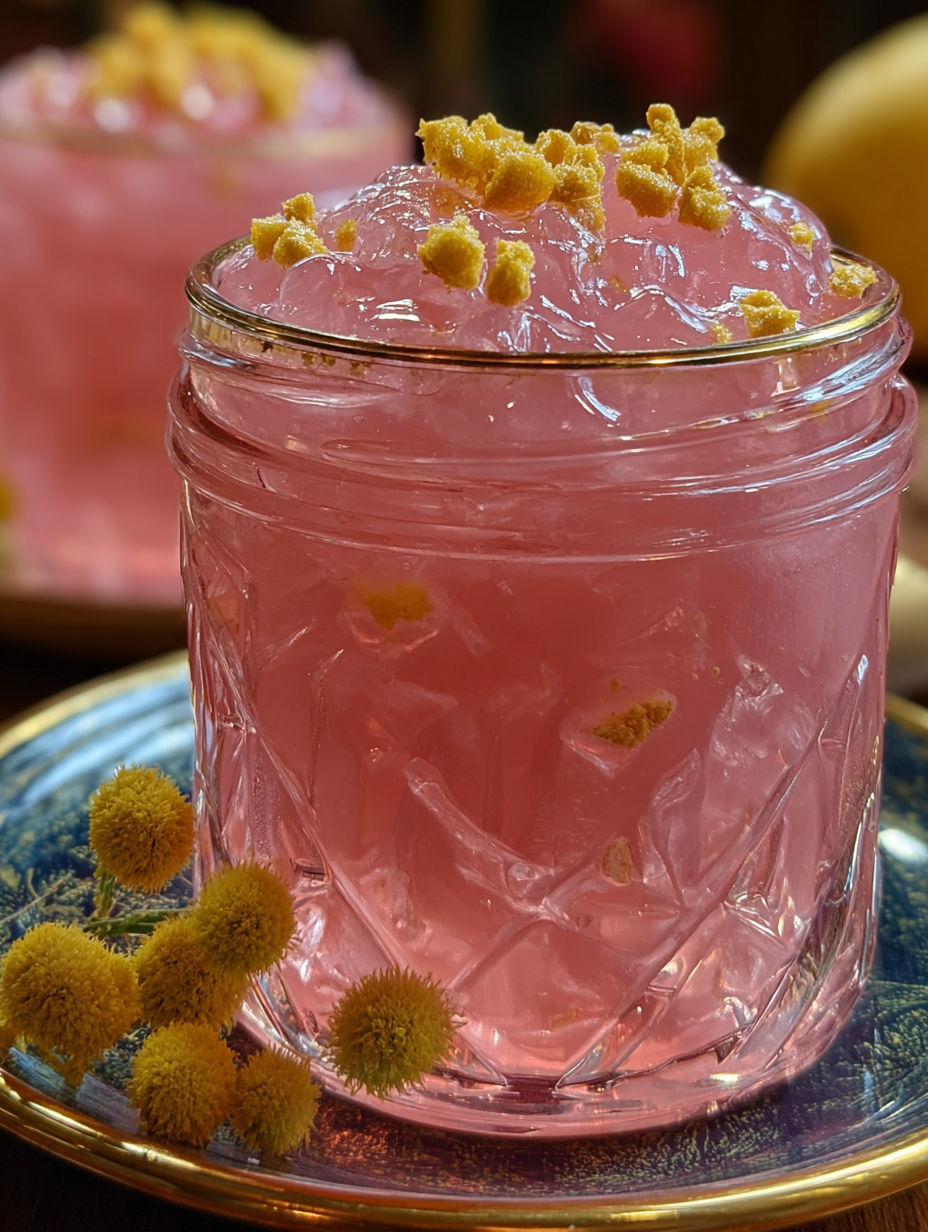 A glass of pink liquid with yellow flowers on top.