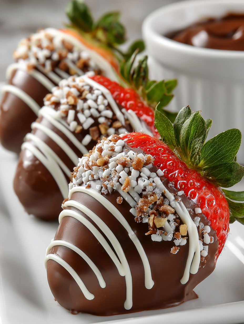 Chocolate covered strawberries with white powder.
