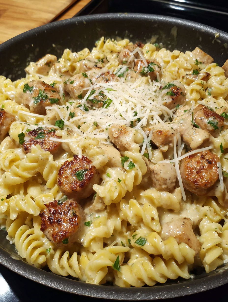 A dish of creamy pepper jack chicken and sausage pasta.