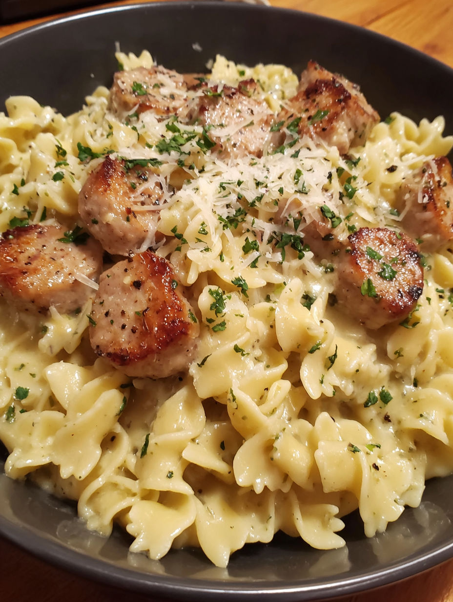 A bowl of creamy pepper jack chicken and sausage pasta.