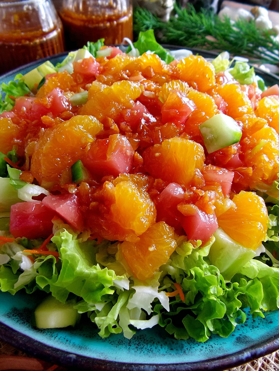 A plate of fresh fruit salad with orange, pink and green fruits.
