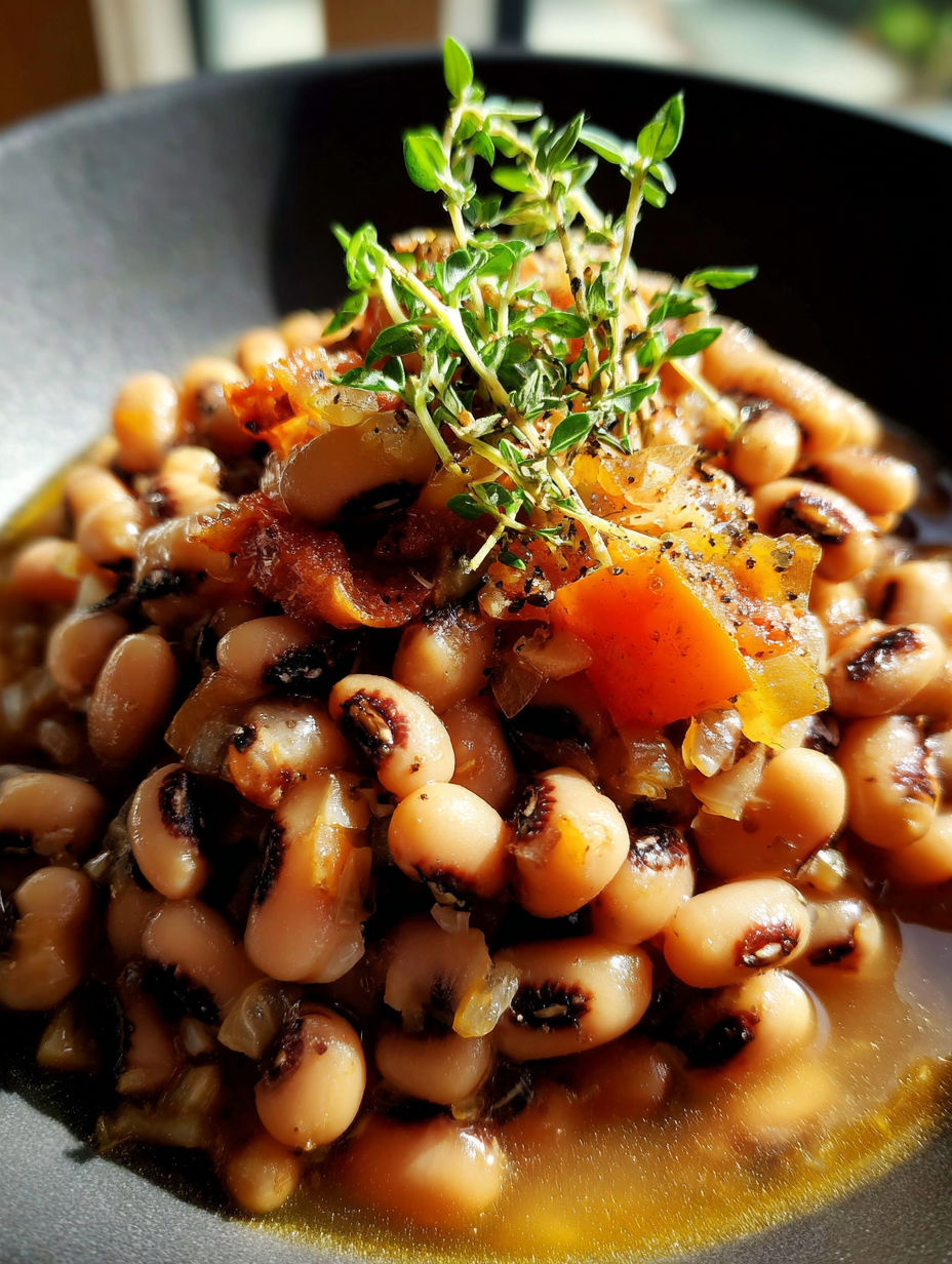 A close up of a dish with black eyed peas and onions.