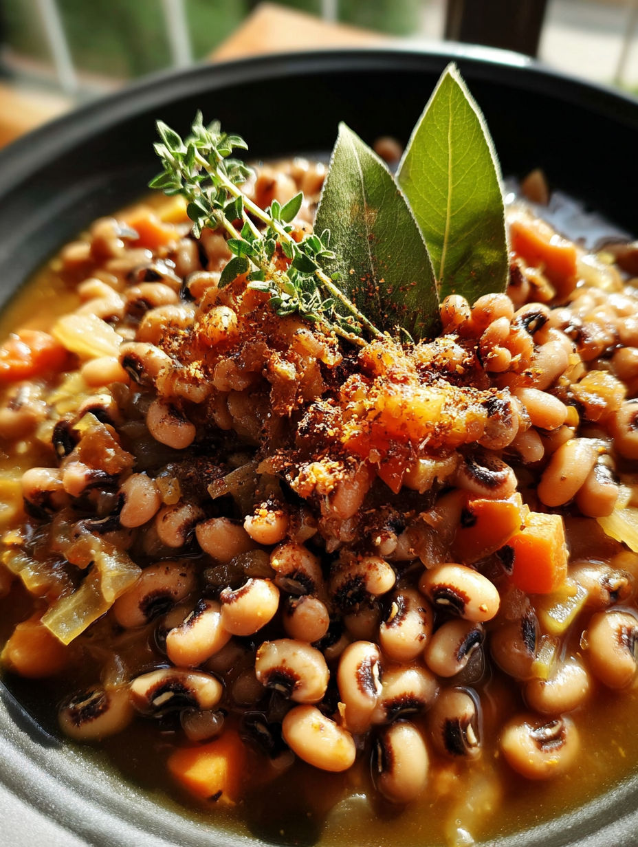 A bowl of black eyed peas with a sprig of parsley on top.
