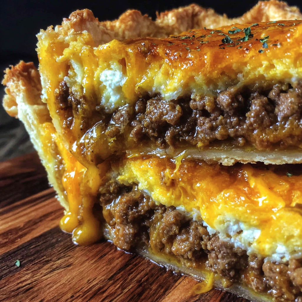 A cheeseburger pie on a wooden table.