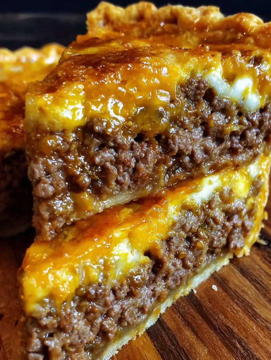 A slice of cheeseburger pie on a wooden table.