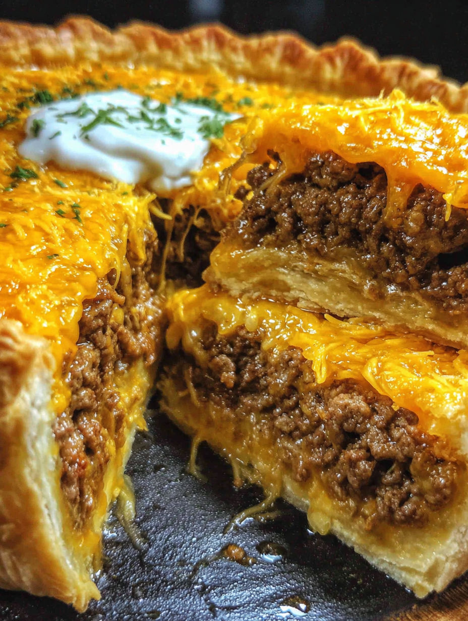A slice of cheeseburger pie on a plate.