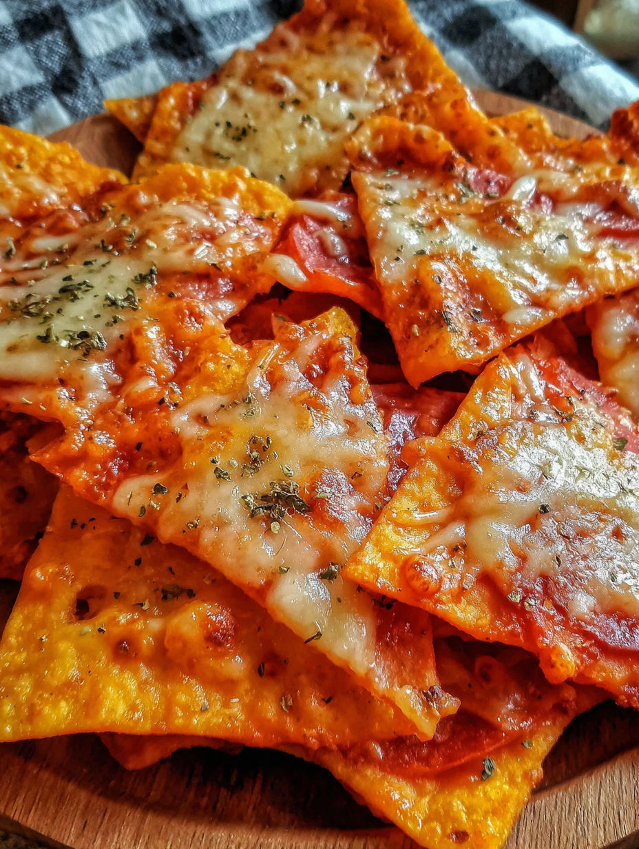 A pile of cheese and tomato flavored pizza chips.