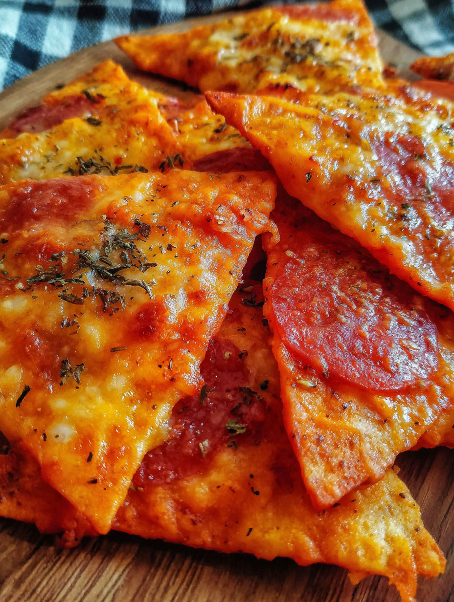 Crispy pizza chips on a wooden table.