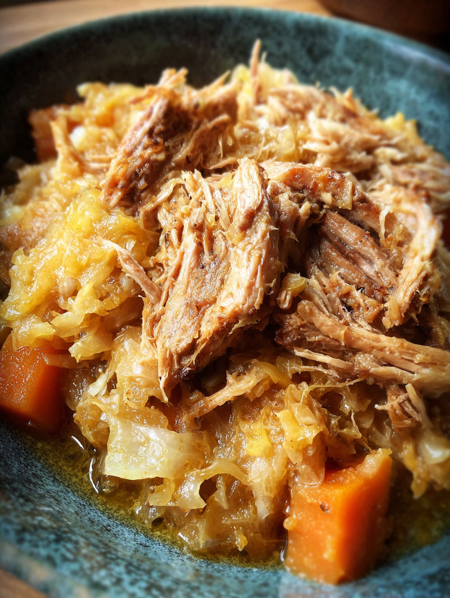 A close up of a bowl of pork and sauerkraut.