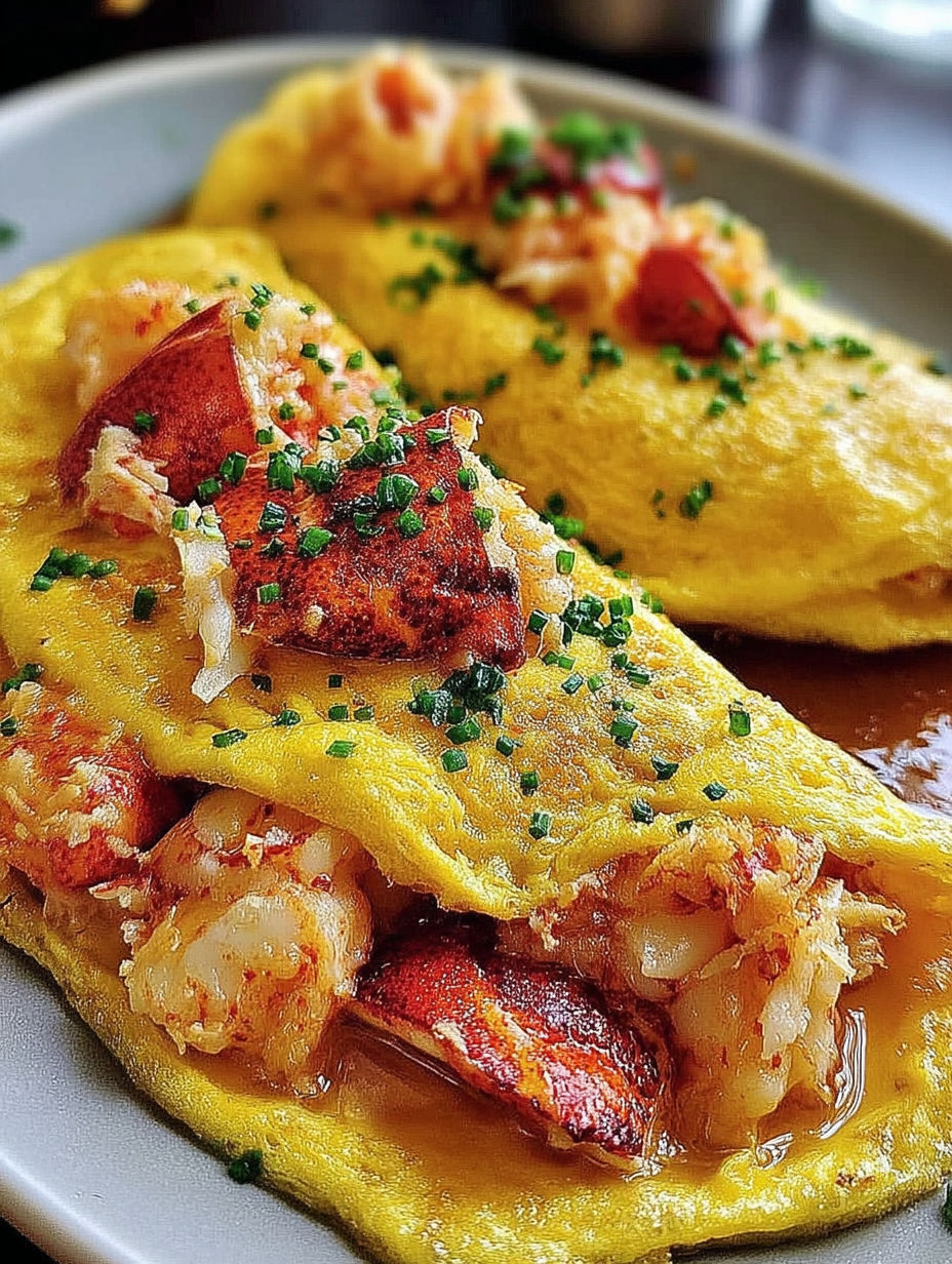 A lobster omelette with a side of sauce.