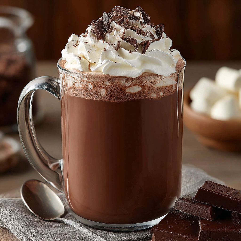 A cup of hot chocolate with whipped cream and chocolate chips.