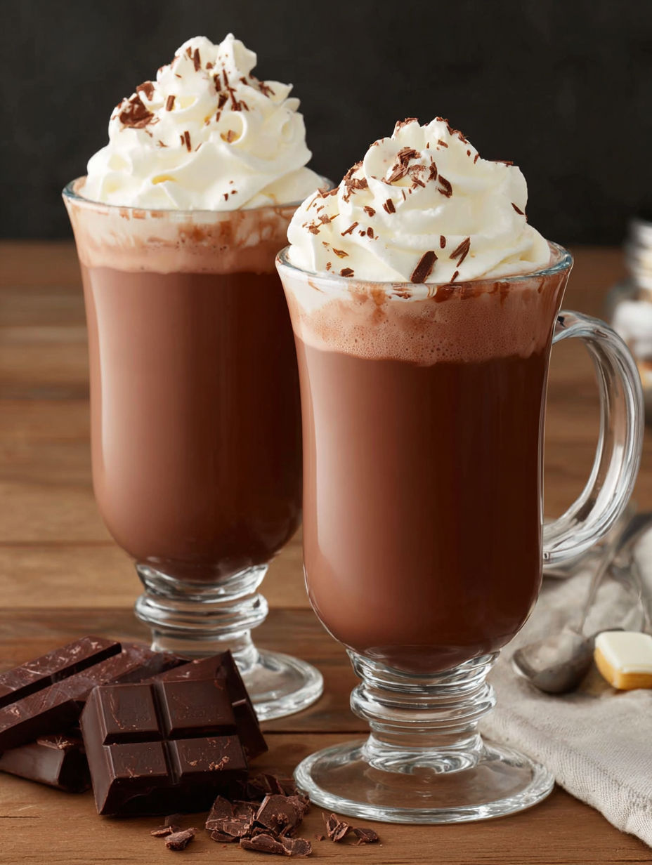 Two glasses of hot chocolate with whipped cream.