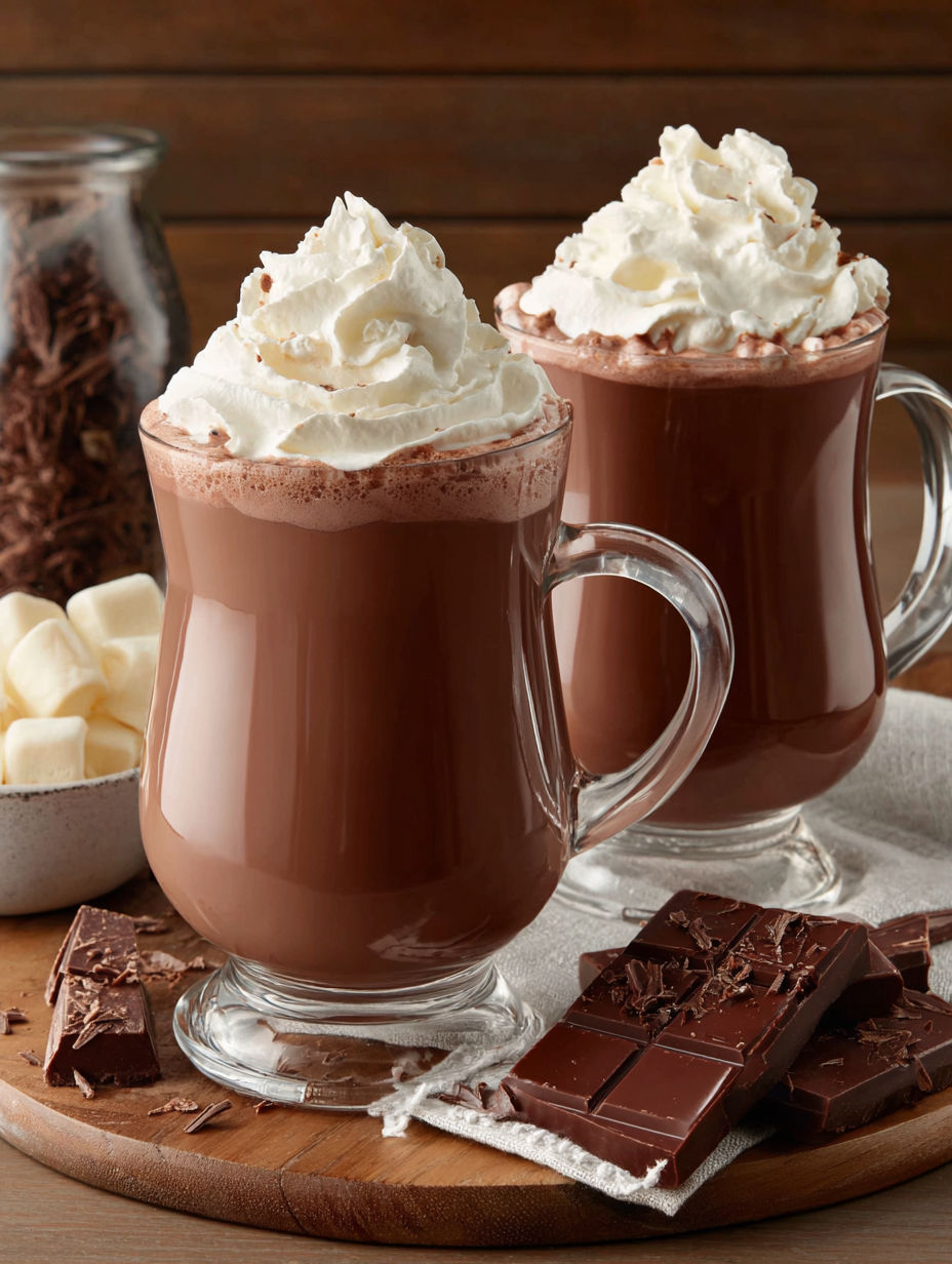 Two glasses of hot chocolate with whipped cream.