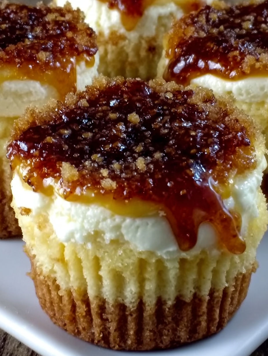 A close up of a vanilla bean crème brûlée cheesecake cupcake.