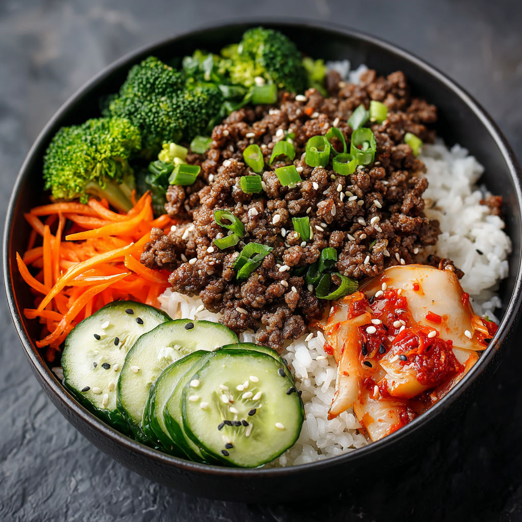 A bowl of food with meat, rice, and vegetables.