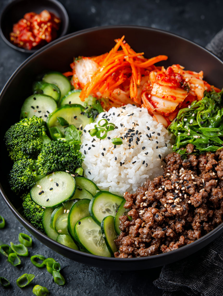 A bowl of food with rice, meat, and vegetables.