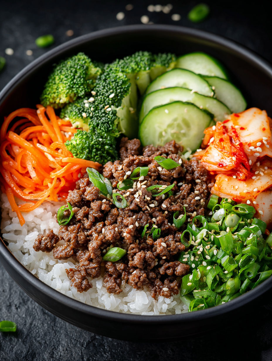 A bowl of food with rice, meat, and vegetables.