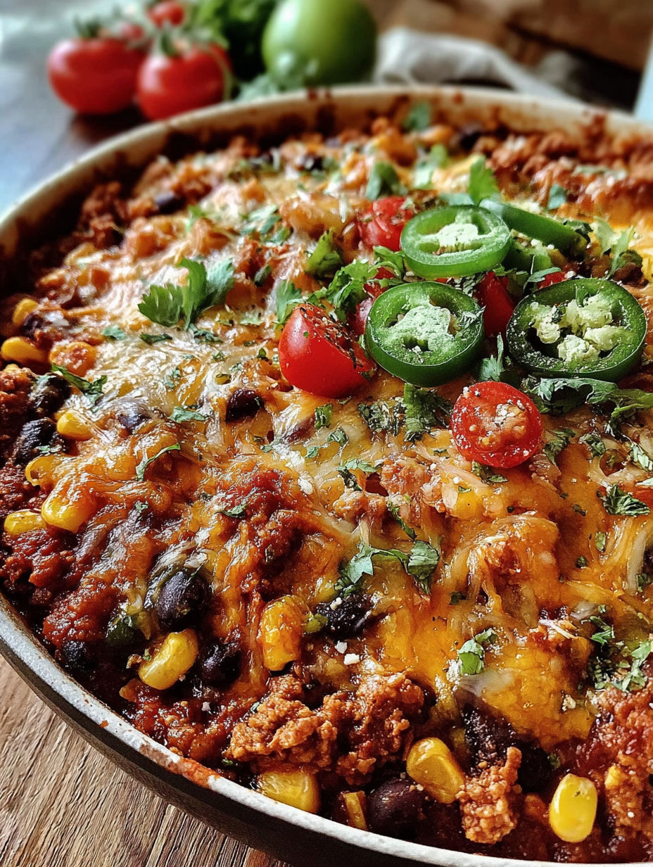 A delicious stuffed chile casserole with tomatoes and jalapenos.