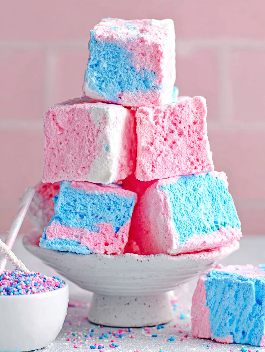 A stack of cake with pink, blue, and white frosting.
