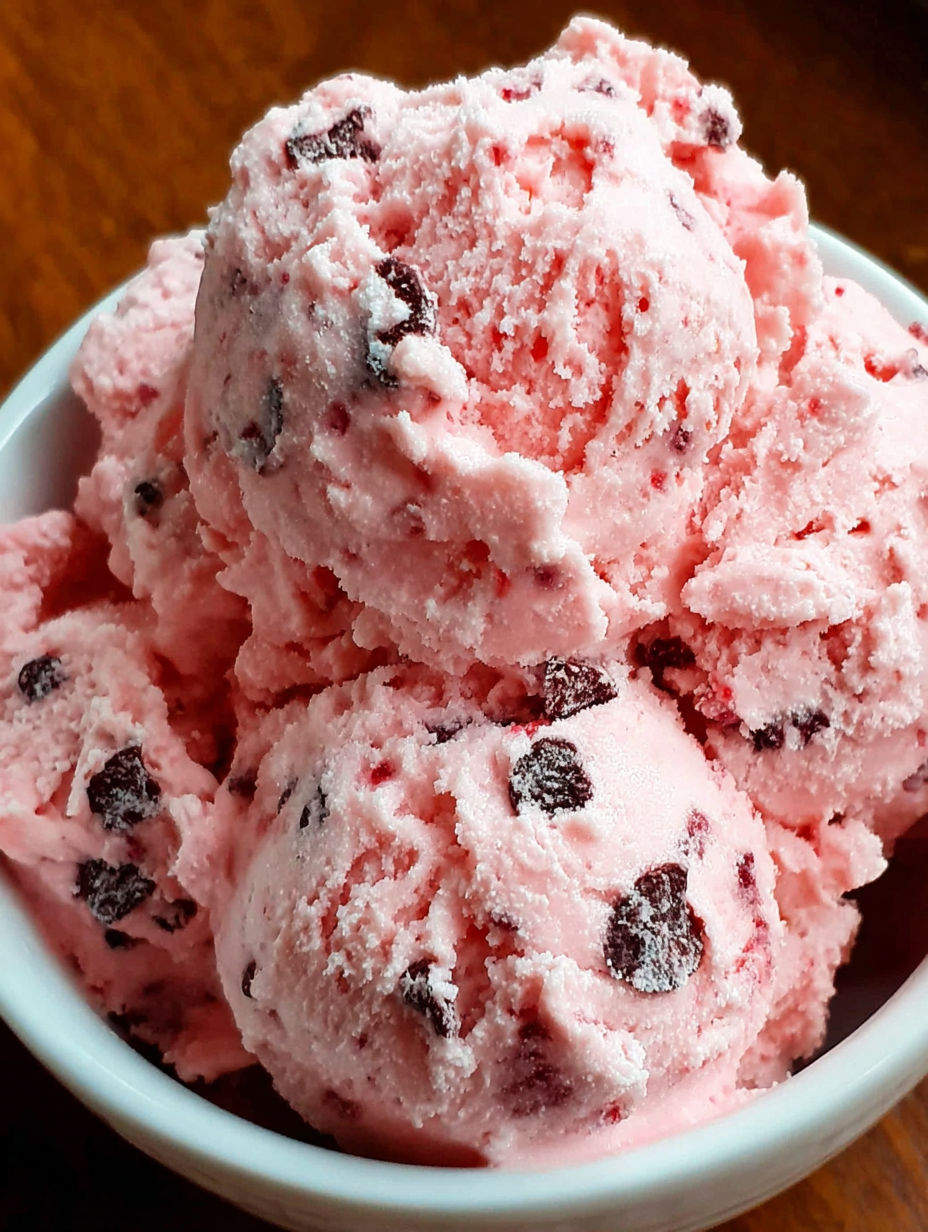 A bowl of pink ice cream with chocolate chips.