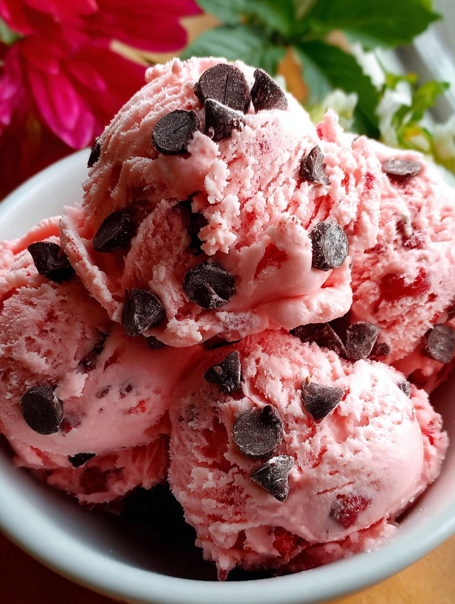 A bowl of pink ice cream with chocolate chips.