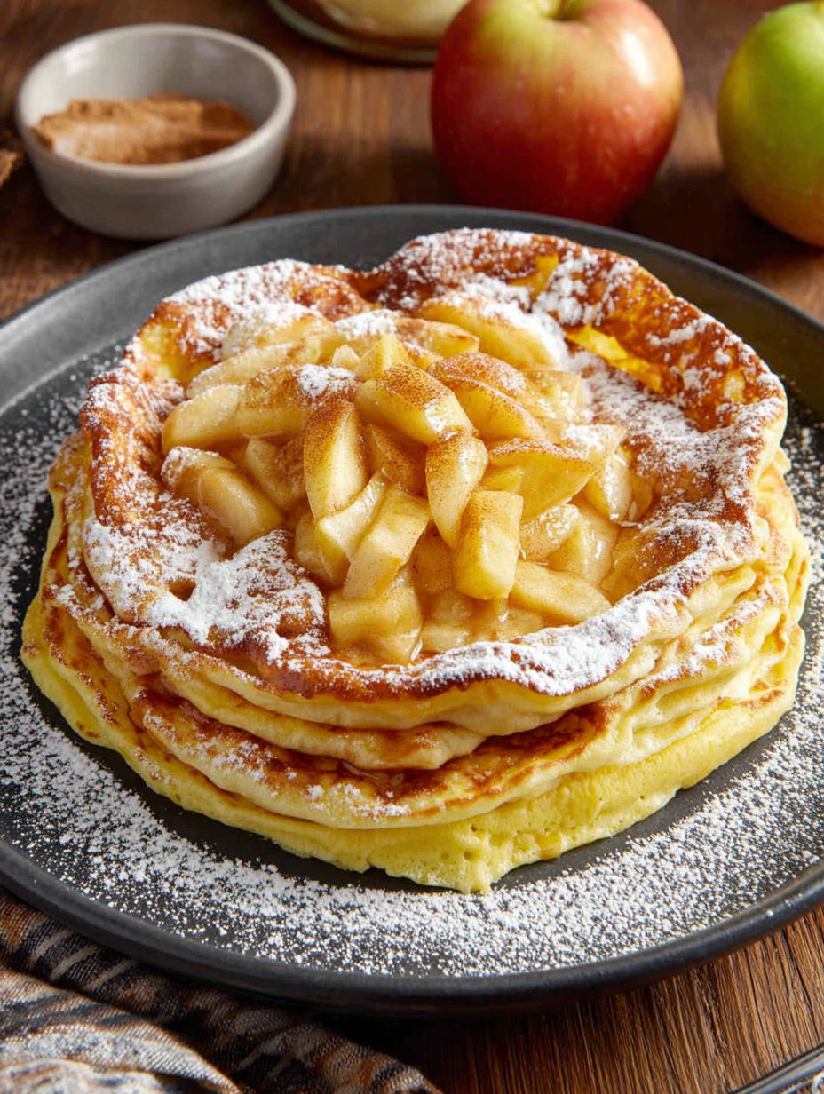 A stack of pancakes with apples on top.