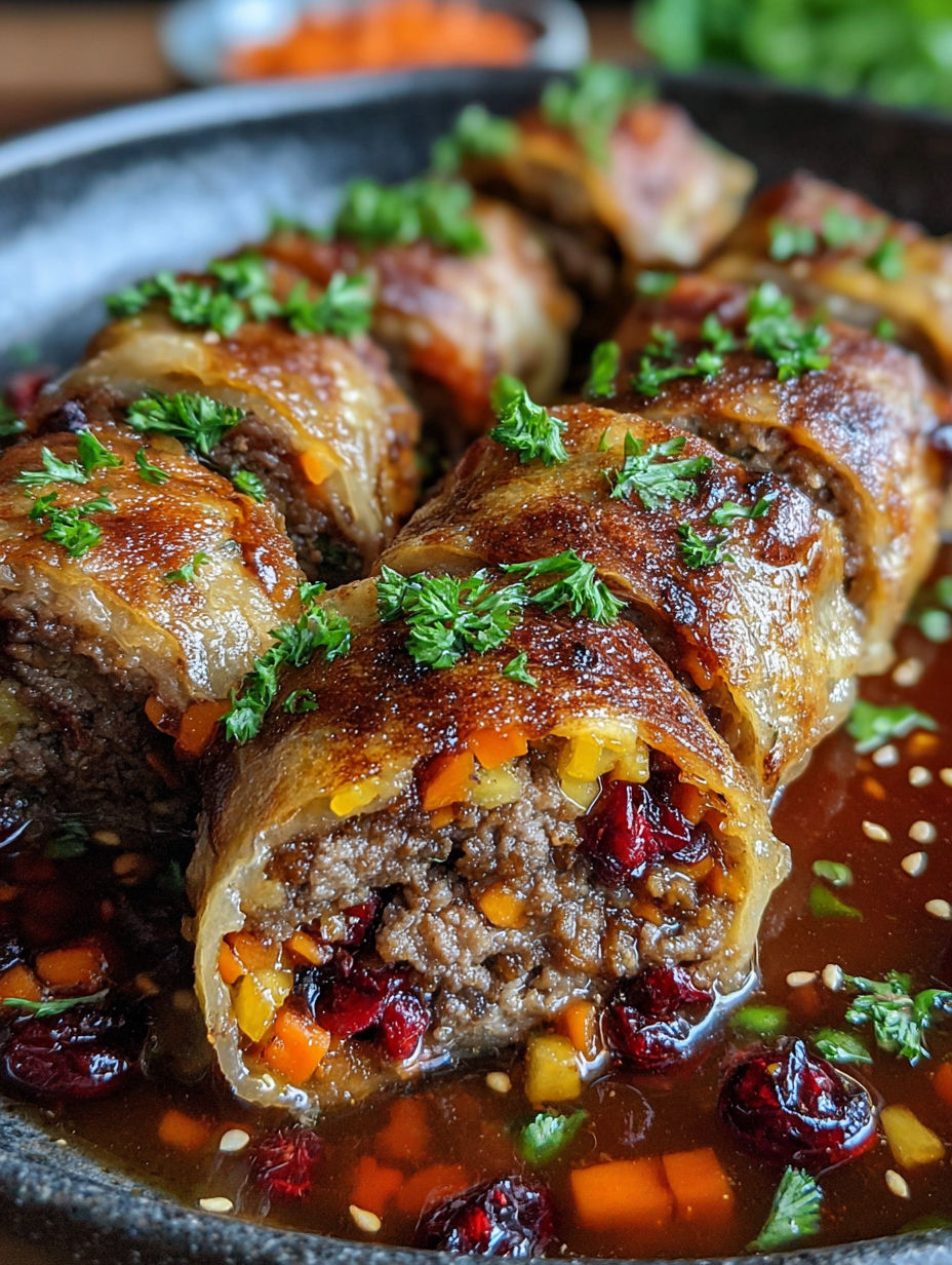 Ginger-carrot beef rolls with cranberries and walnuts.