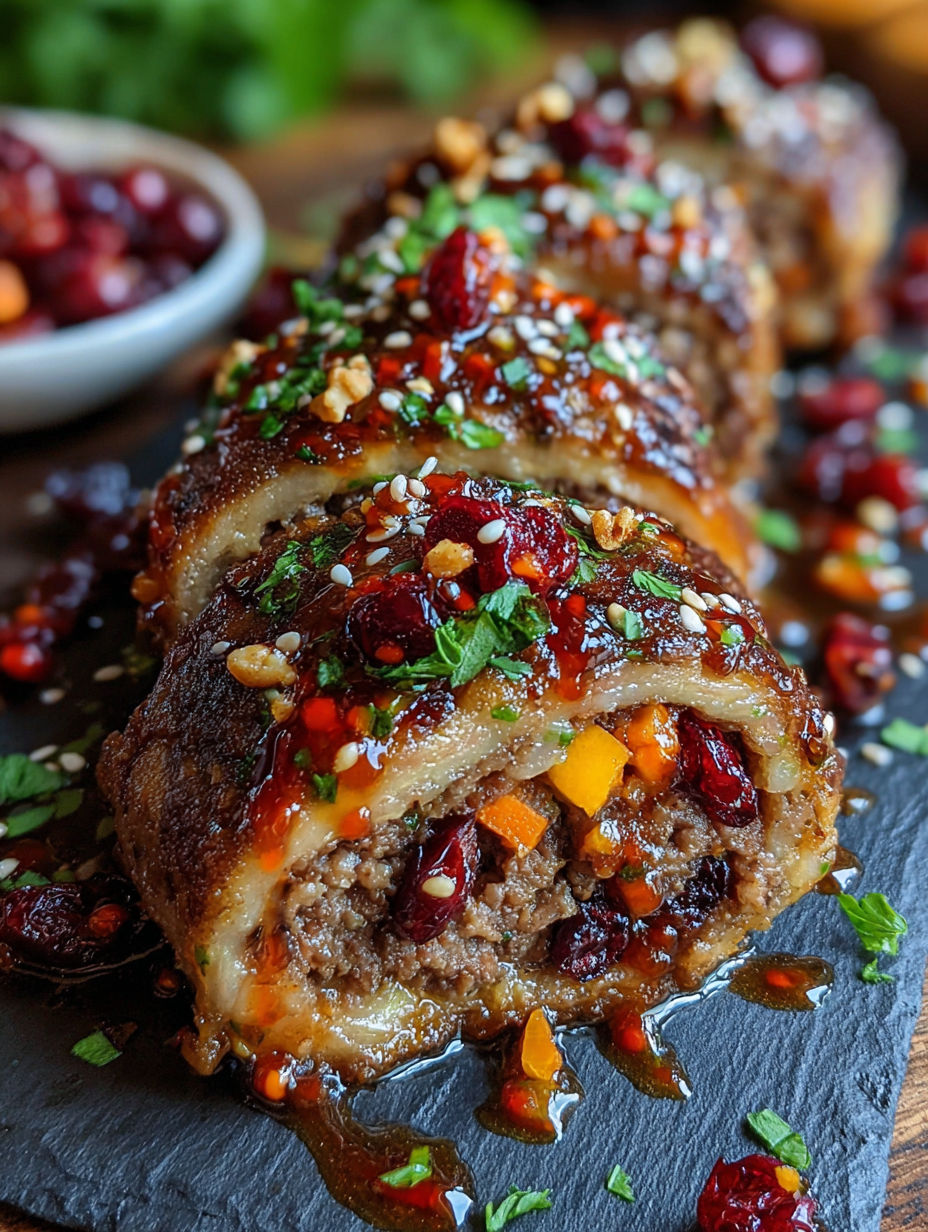 A ginger-carrot beef roll with cranberries and walnuts.