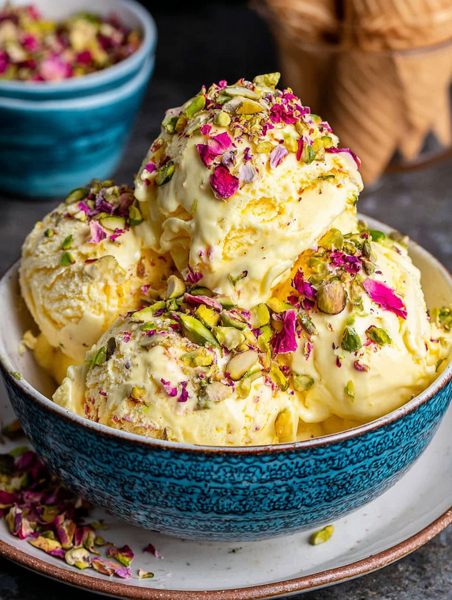 A bowl of Persian ice cream with pistachio nuts and rose petals.