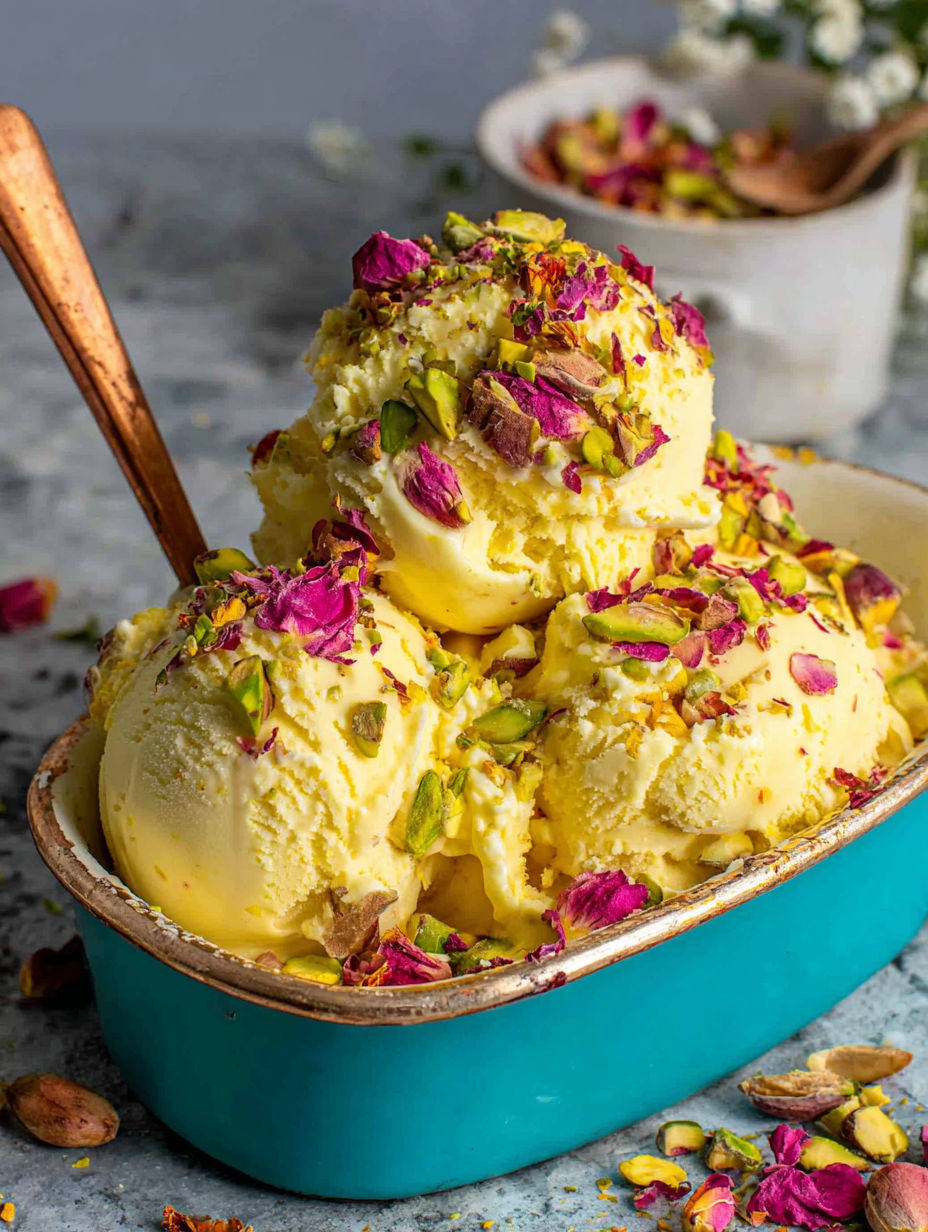 A bowl of Persian ice cream with pistachio nuts and rose petals.